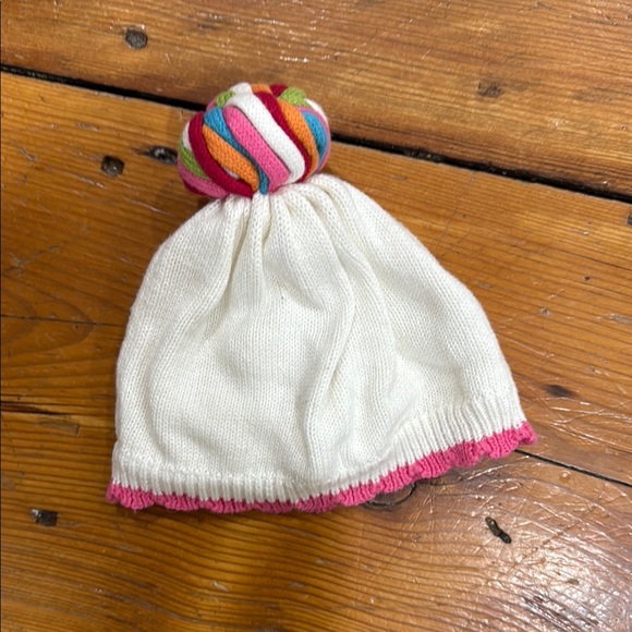 Gymboree White Beanie with Pink Trim and Colorful Pom Pom Winter Hat 100% cotton - Picture 3 of 6